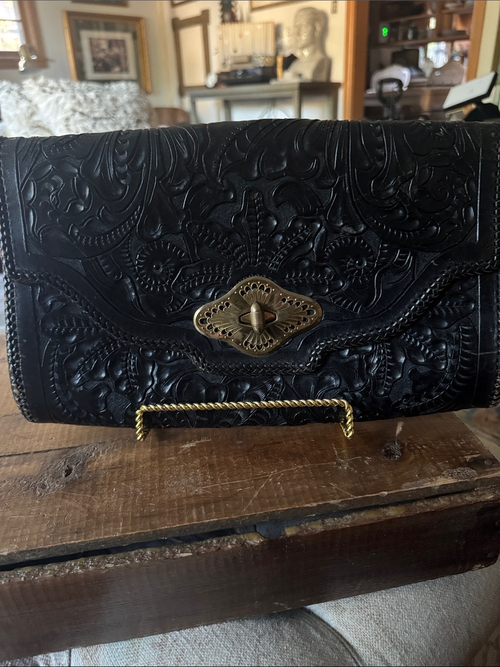 Vintage Black Tooled Leather Clutch with Brass Turn-Lock